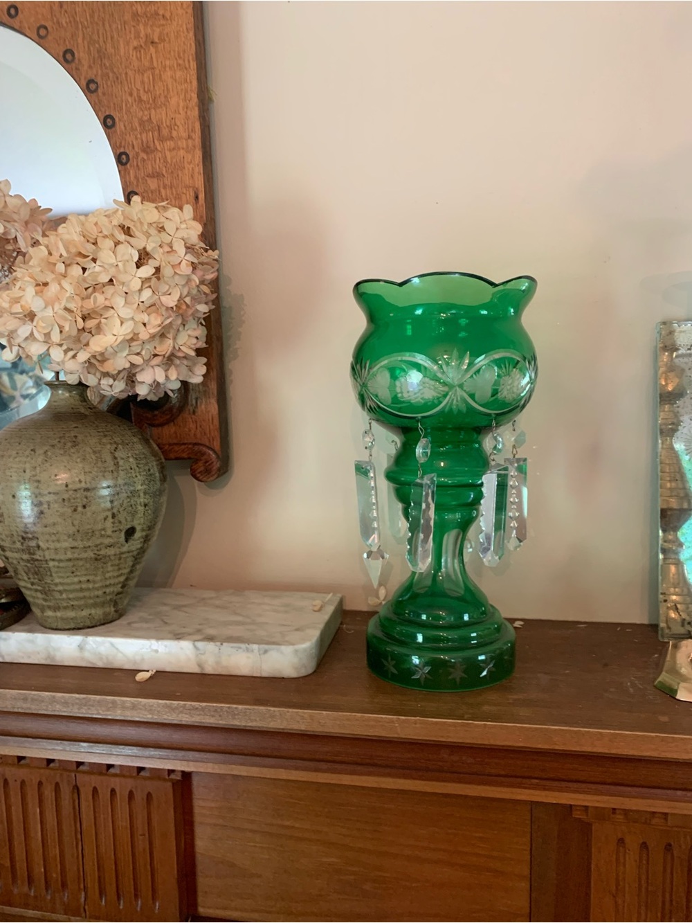 Antique Victorian Cut Glass Mantle Lustres with Prisms
